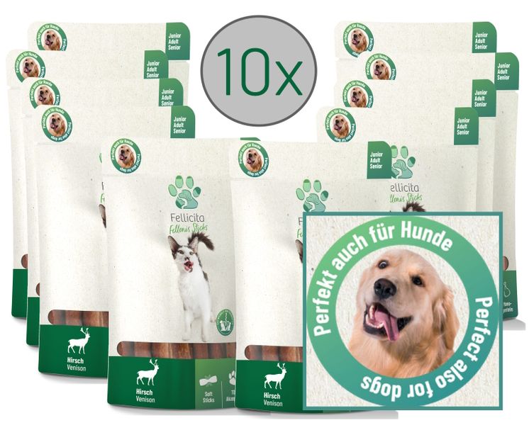 Artikel mit dem Namen Fellicita Hirsch Sticks Hundesnacks im Shop von zoo.de , dem Onlineshop für nachhaltiges Hundefutter und Katzenfutter.