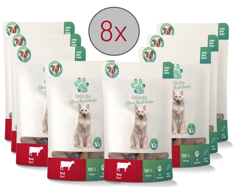 Artikel mit dem Namen Fellicita Rind Fleischstreifen Katzensnacks im Shop von zoo.de , dem Onlineshop für nachhaltiges Hundefutter und Katzenfutter.