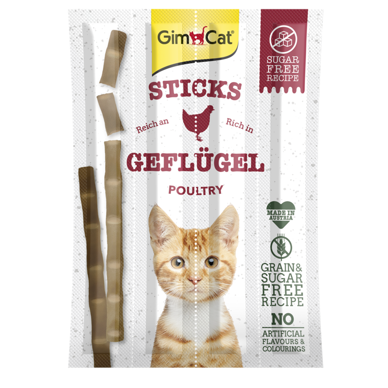 Artikel mit dem Namen GimCat Sticks mit Geflügel &amp; Leber im Shop von zoo.de , dem Onlineshop für nachhaltiges Hundefutter und Katzenfutter.