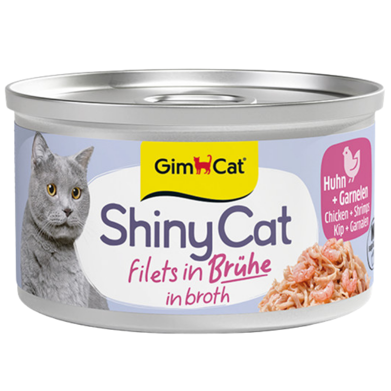 GimCat ShinyCat Filets in Brühe Hühnchen und Garnelen Katzenfutter, 70-g-Dose