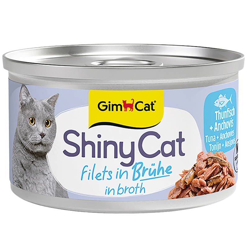 GimCat ShinyCat Filets in Brühe Thunfisch und Anchovis Katzenfutter, 70-g-Dose
