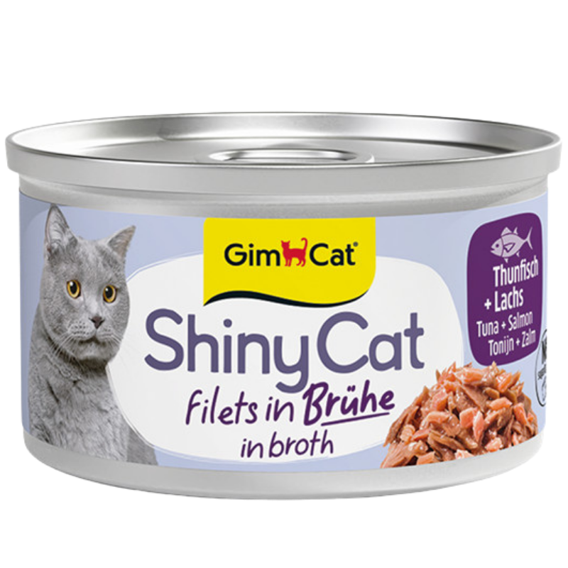 GimCat ShinyCat Filets in Brühe Thunfisch und Lachs Katzenfutter, 70-g-Dose