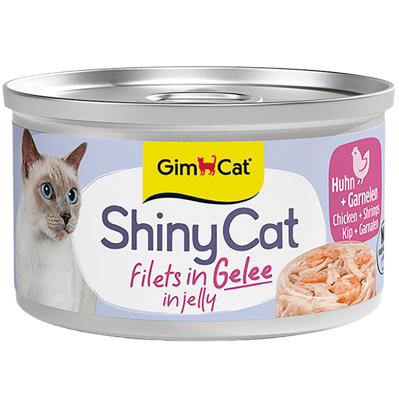 GimCat ShinyCat Filets in Gelee Hühnchen und Garnelen Katzenfutter, 70-g-Dose