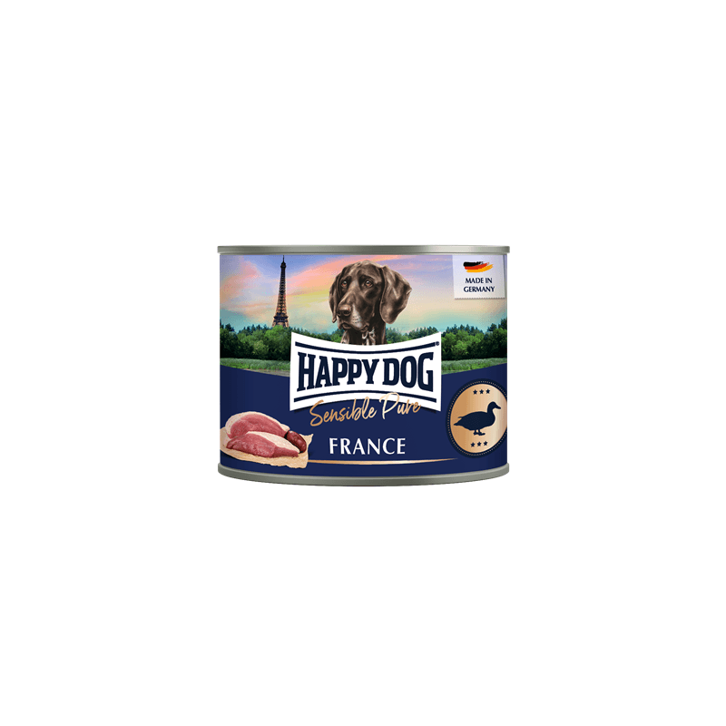 Artikel mit dem Namen Happy Dog Dose Sensible Pure France Ente im Shop von zoo.de , dem Onlineshop für nachhaltiges Hundefutter und Katzenfutter.