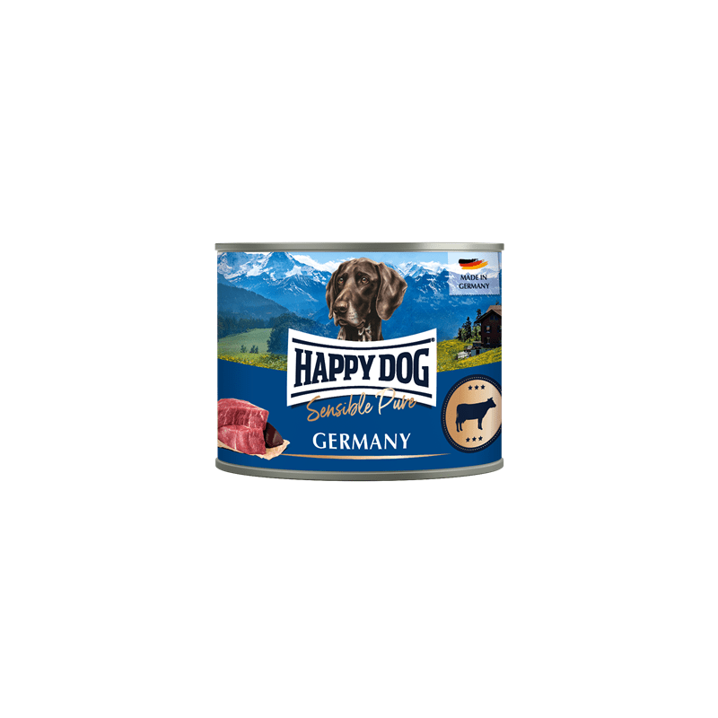 Artikel mit dem Namen Happy Dog Dose Sensible Pure Germany Rind im Shop von zoo.de , dem Onlineshop für nachhaltiges Hundefutter und Katzenfutter.