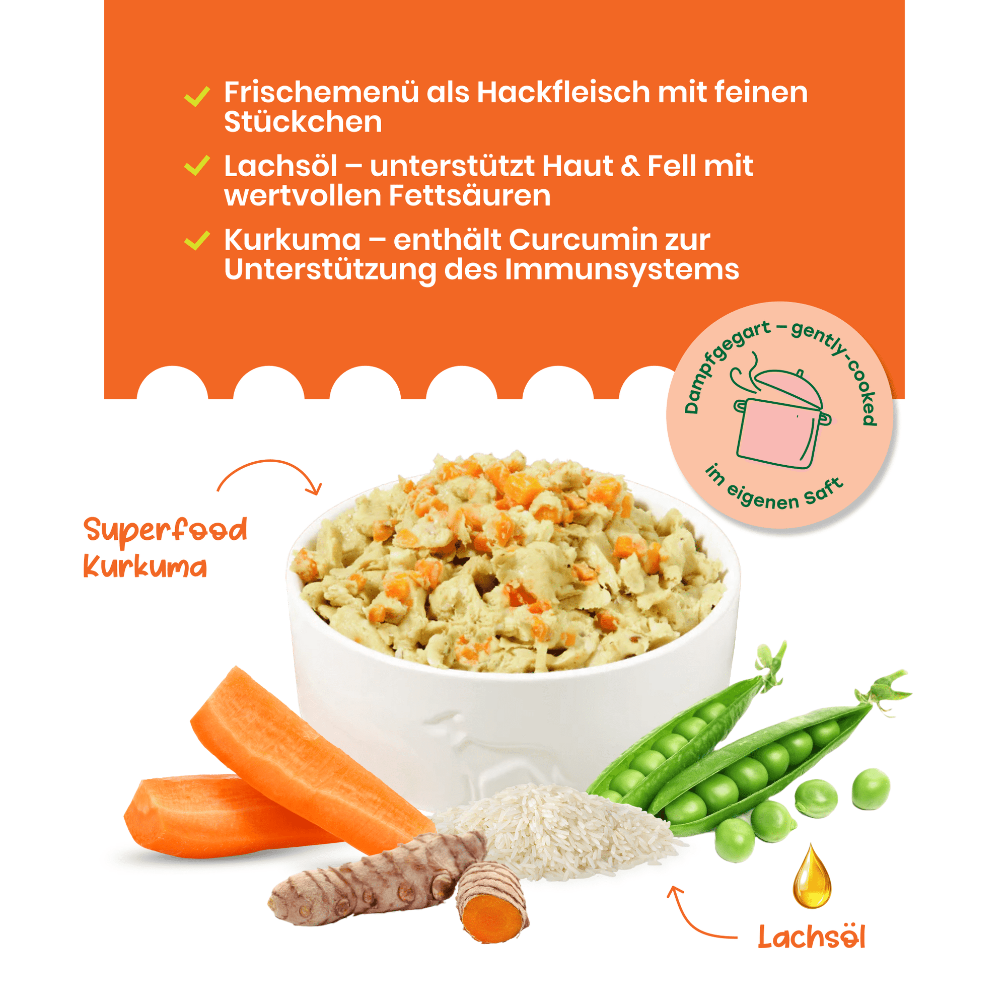 Huhn mit Reis, Karotten und Erbsen zoo-de