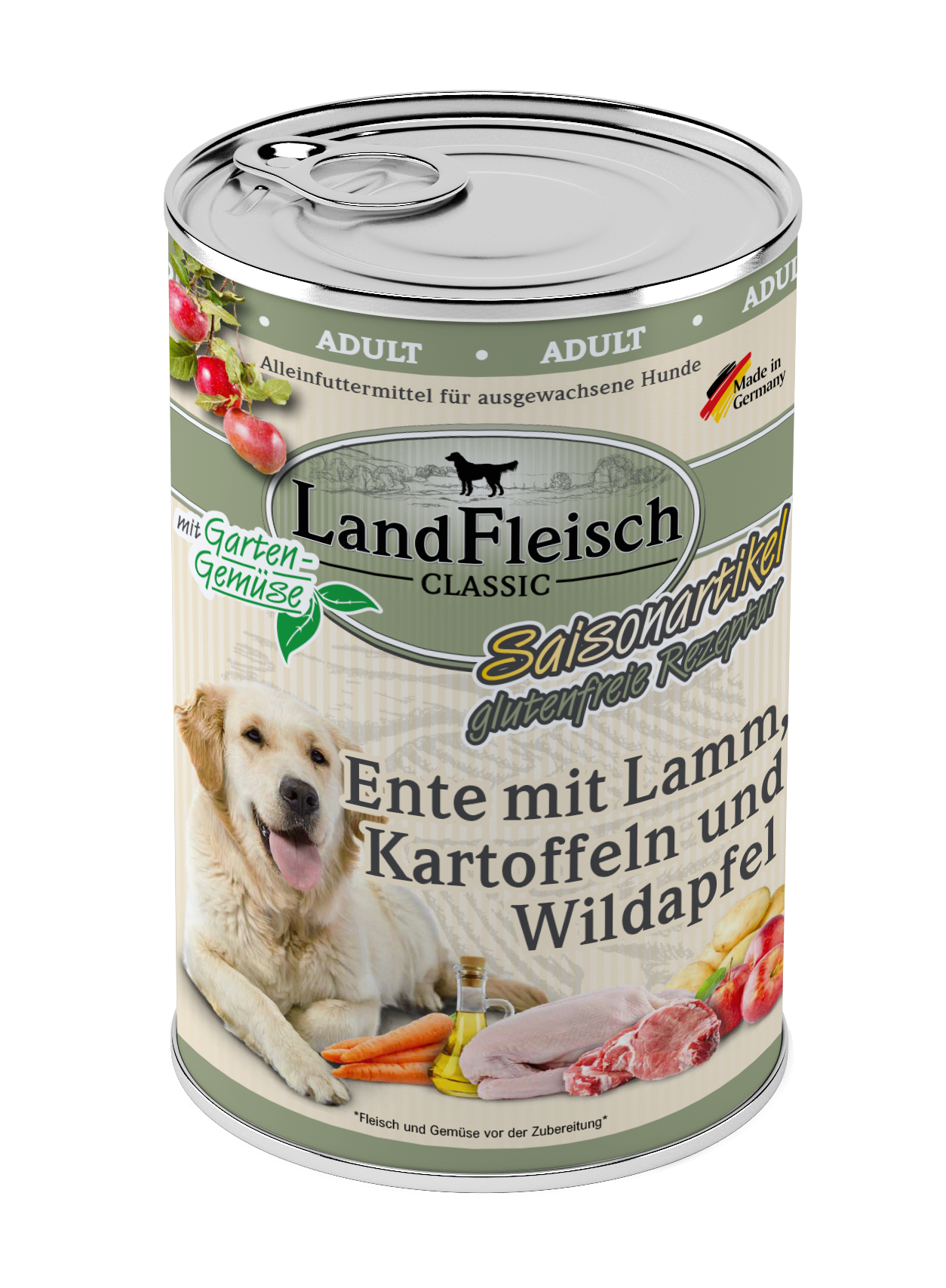 Artikel mit dem Namen Landfleisch Dog Classic Ente mit Lamm, Kartoffeln und Gartengemüse im Shop von zoo.de , dem Onlineshop für nachhaltiges Hundefutter und Katzenfutter.