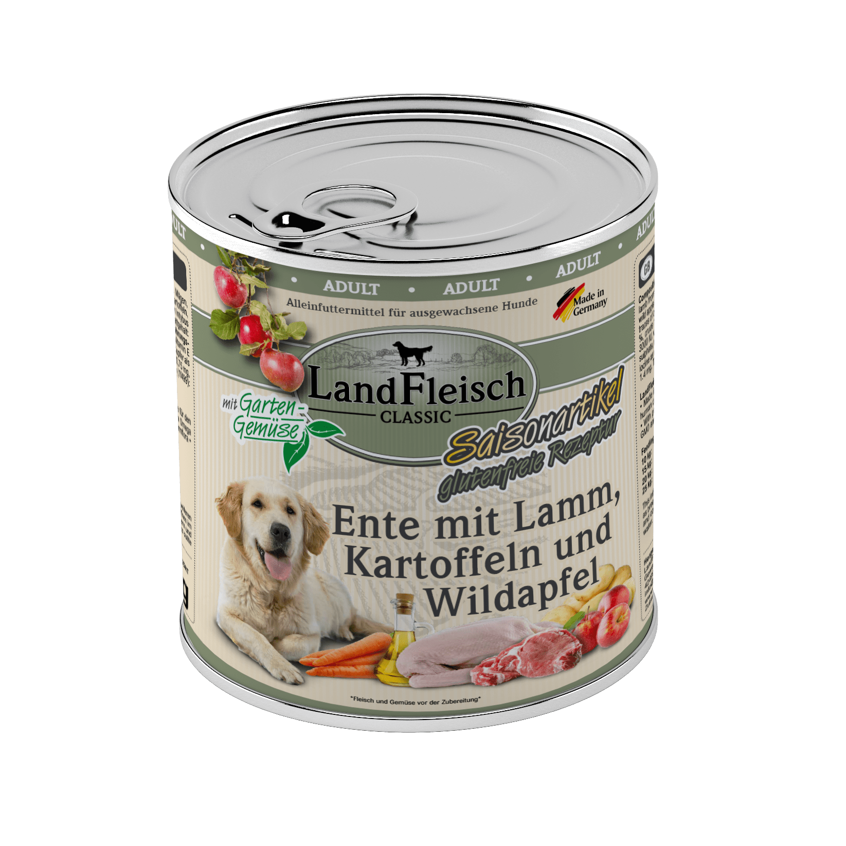 Artikel mit dem Namen Landfleisch Dog Classic Ente mit Lamm, Kartoffeln und Gartengemüse im Shop von zoo.de , dem Onlineshop für nachhaltiges Hundefutter und Katzenfutter.