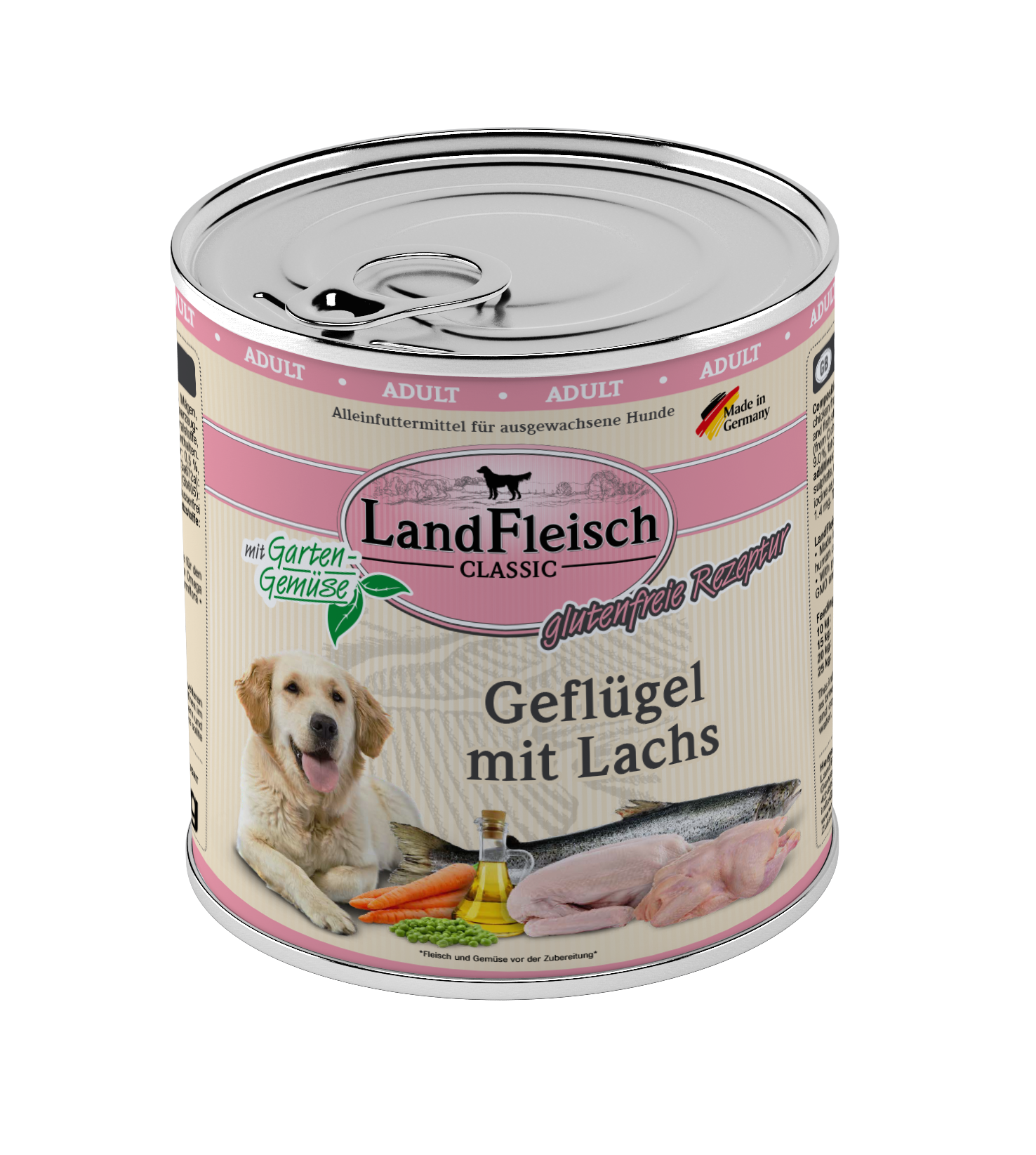 Artikel mit dem Namen Landfleisch Dog Classic Geflügel mit Lachs und Gartengemüse im Shop von zoo.de , dem Onlineshop für nachhaltiges Hundefutter und Katzenfutter.