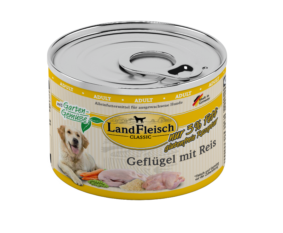 Artikel mit dem Namen Landfleisch Dog Classic Geflügel mit Reis und Gartengemüse extra mager im Shop von zoo.de , dem Onlineshop für nachhaltiges Hundefutter und Katzenfutter.