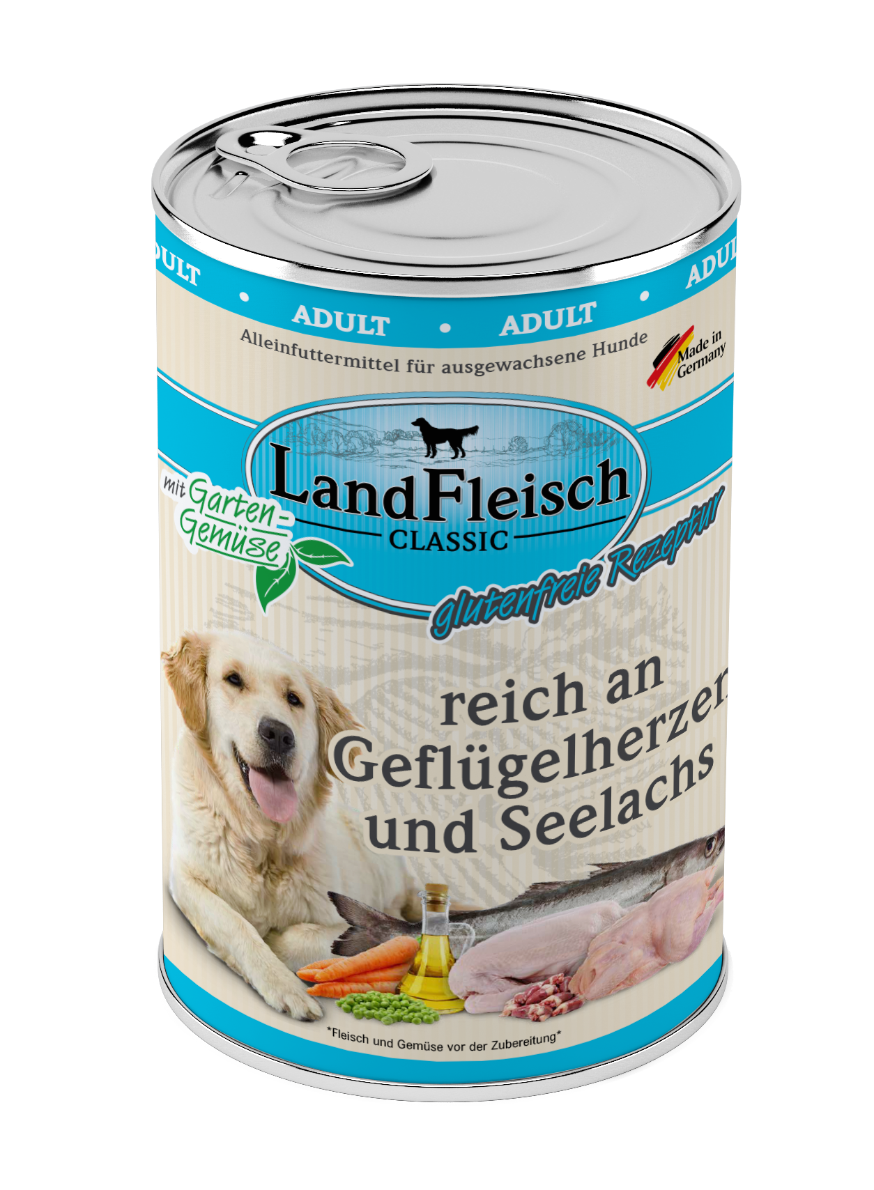 Artikel mit dem Namen Landfleisch Dog Classic Geflügelherzen und Seelachs mit Gartengemüse im Shop von zoo.de , dem Onlineshop für nachhaltiges Hundefutter und Katzenfutter.