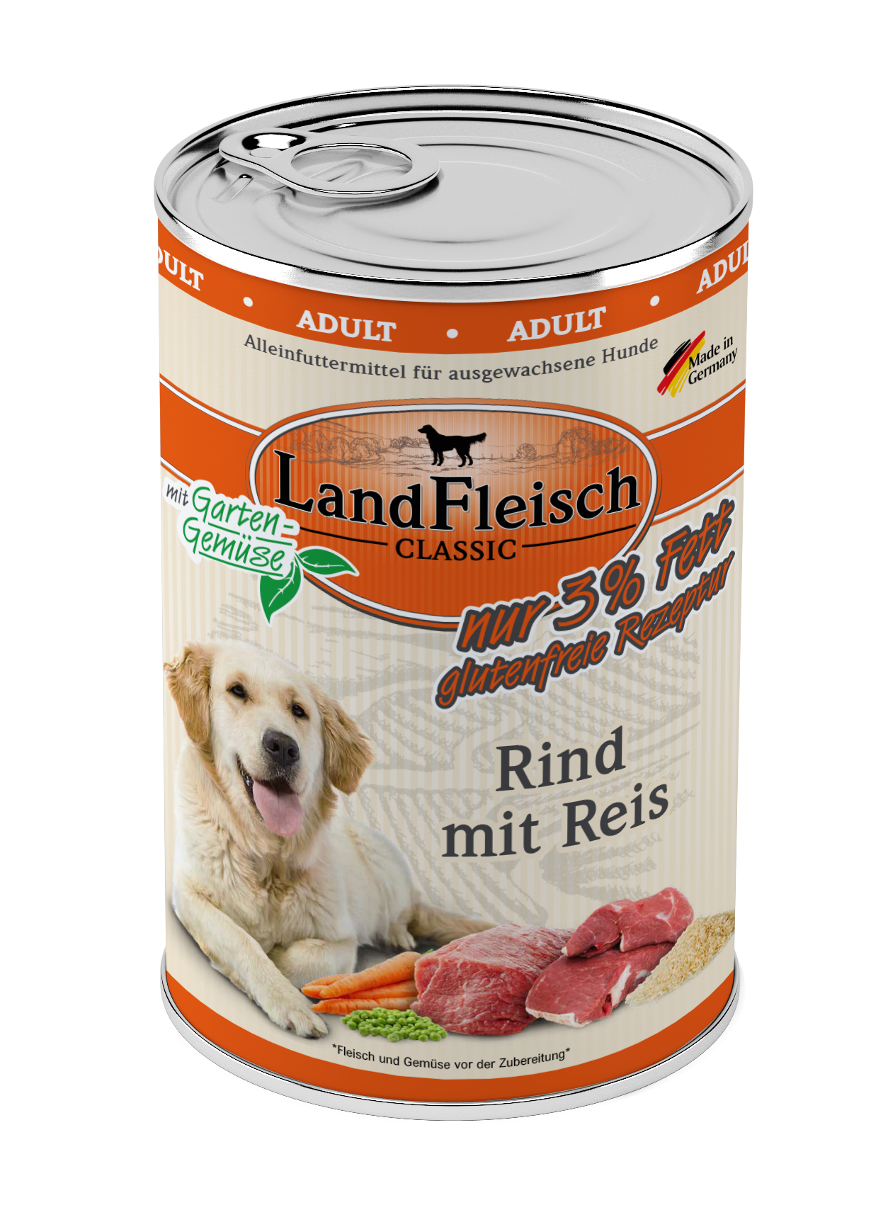 Artikel mit dem Namen Landfleisch Dog Classic Rind mit Reis und Gartengemüse extra mager im Shop von zoo.de , dem Onlineshop für nachhaltiges Hundefutter und Katzenfutter.