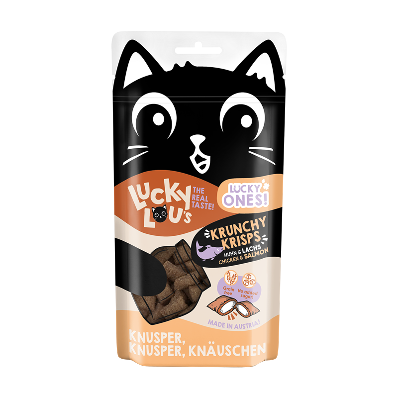 Artikel mit dem Namen Lucky Lou Lucky Ones Krunchy Krisps Huhn & Lachs im Shop von zoo.de , dem Onlineshop für nachhaltiges Hundefutter und Katzenfutter.