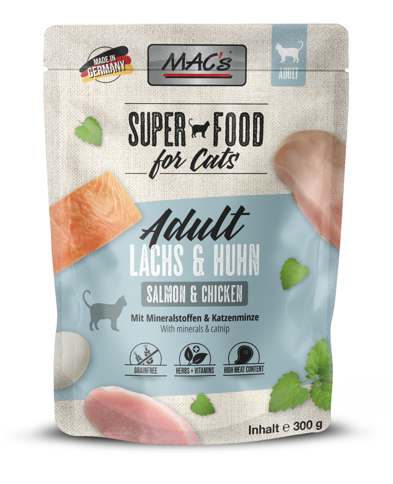 Artikel mit dem Namen MAC's Cat Lachs & Huhn im Shop von zoo.de , dem Onlineshop für nachhaltiges Hundefutter und Katzenfutter.