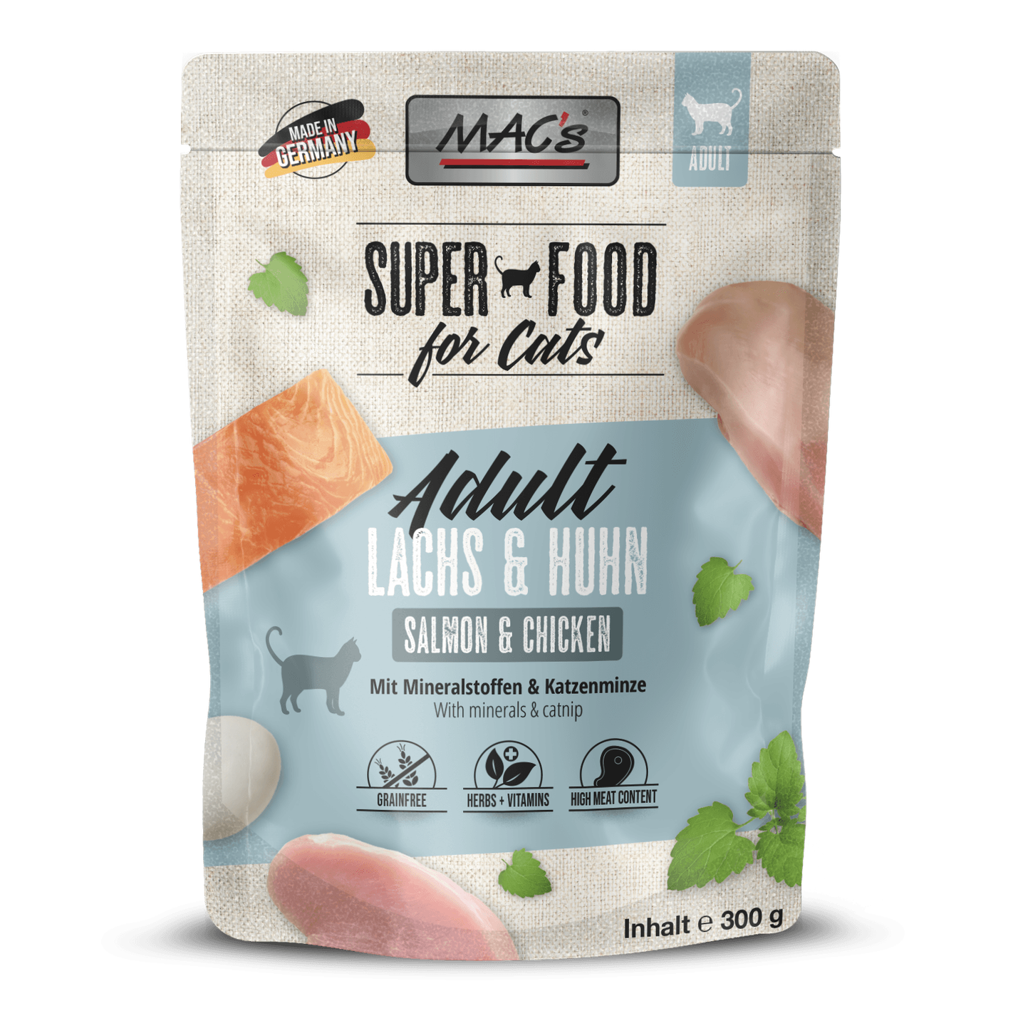 Artikel mit dem Namen MAC's Cat Lachs & Huhn im Shop von zoo.de , dem Onlineshop für nachhaltiges Hundefutter und Katzenfutter.