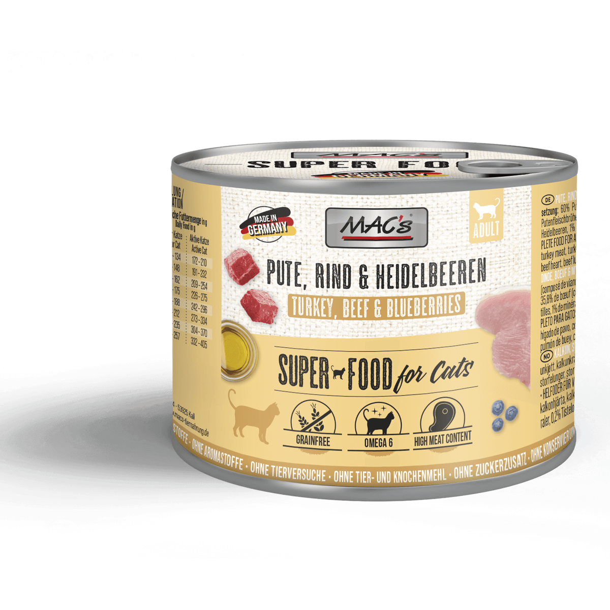 Artikel mit dem Namen MAC's Cat Pute, Rind & Heidebeere im Shop von zoo.de , dem Onlineshop für nachhaltiges Hundefutter und Katzenfutter.
