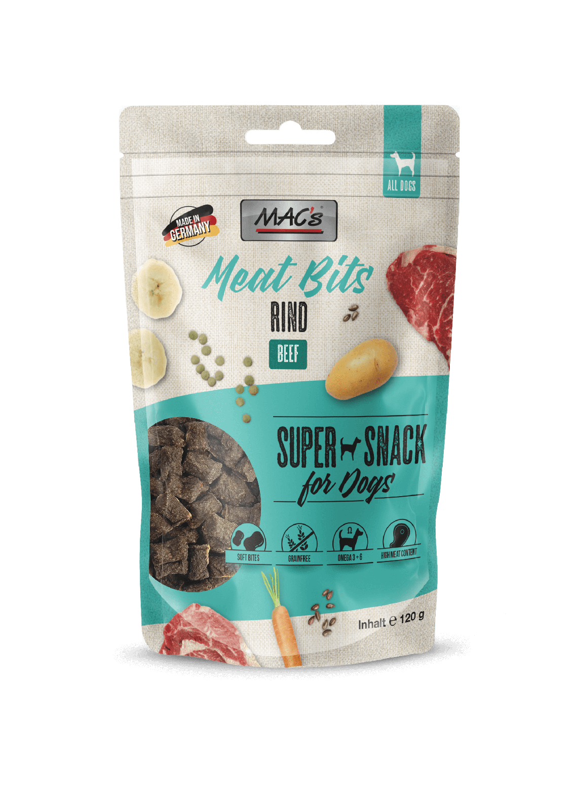 Artikel mit dem Namen MAC's Meat Bits Rind im Shop von zoo.de , dem Onlineshop für nachhaltiges Hundefutter und Katzenfutter.