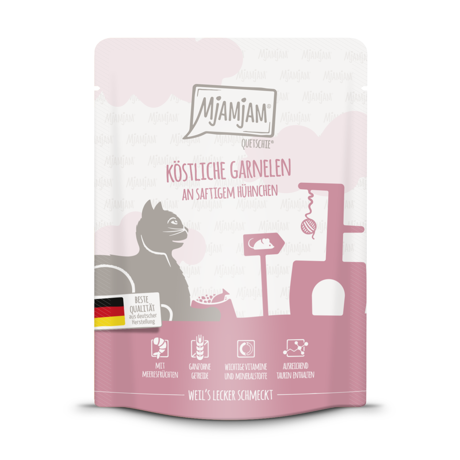 Artikel mit dem Namen MjAMjAM - Katze - köstliche Garnelen an saftigem Hühnchen im Shop von zoo.de , dem Onlineshop für nachhaltiges Hundefutter und Katzenfutter.