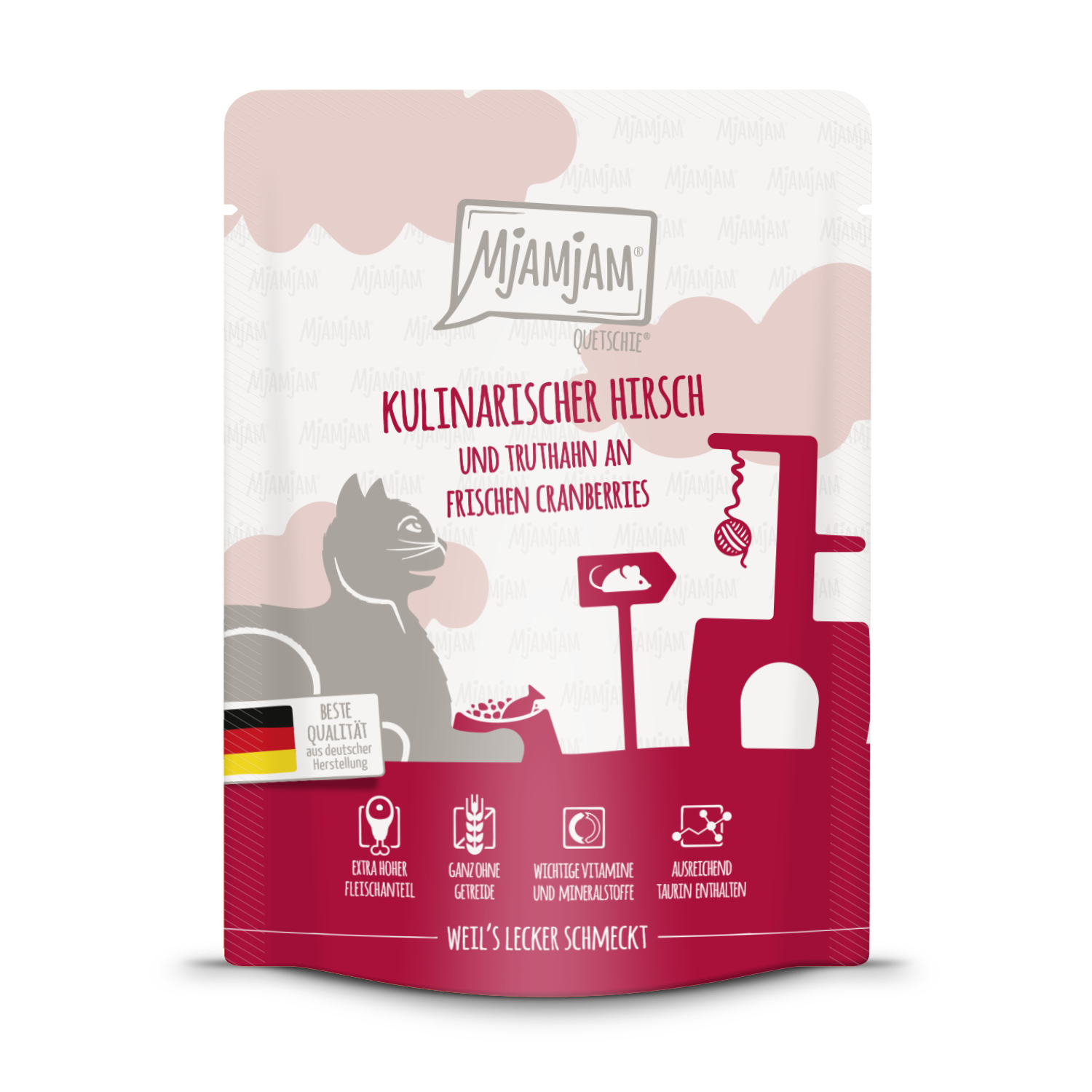 Artikel mit dem Namen MjAMjAM - Katze - kulinarischer Hirsch und Truthahn an frischen Cranberries im Shop von zoo.de , dem Onlineshop für nachhaltiges Hundefutter und Katzenfutter.