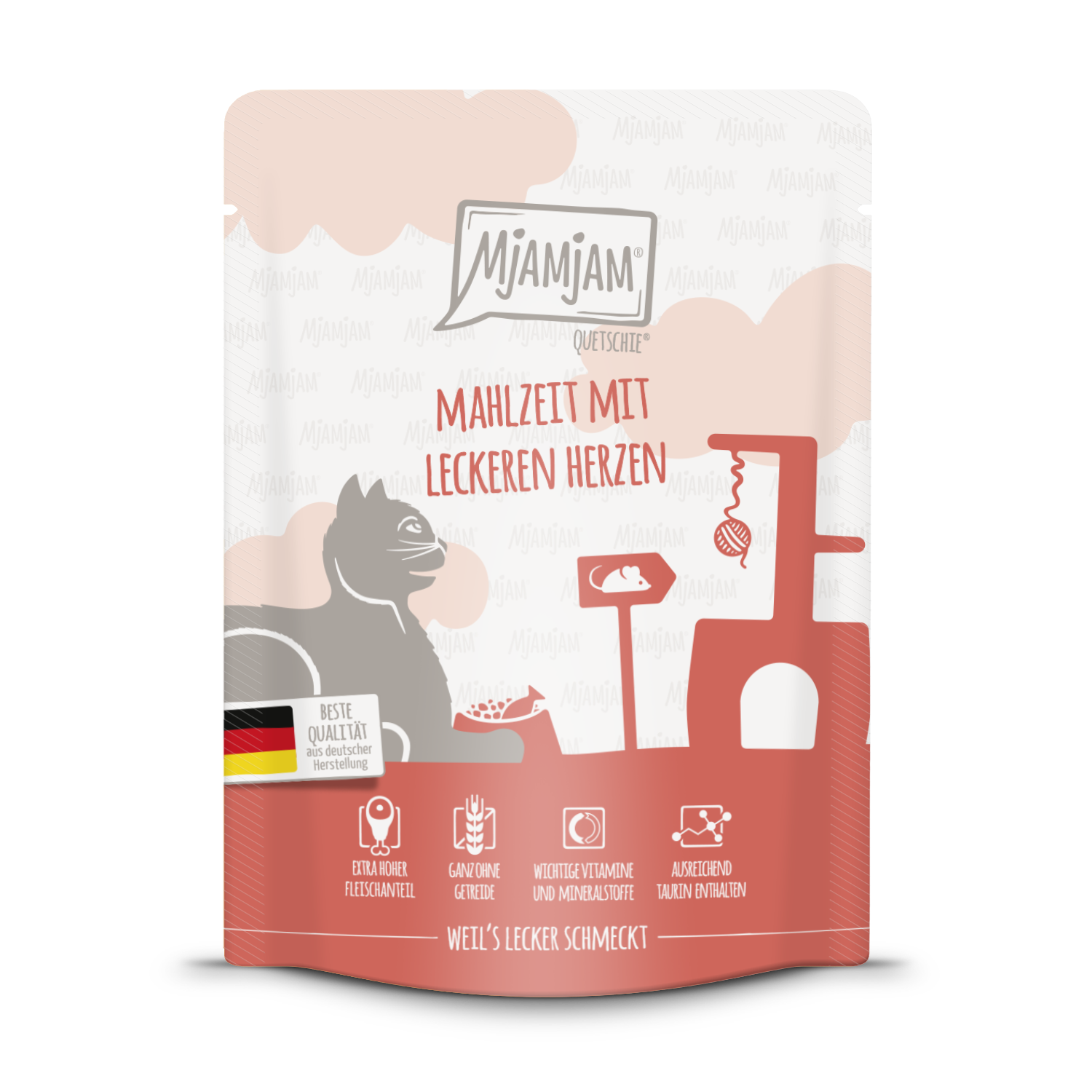 Artikel mit dem Namen MjAMjAM - Katze - Mahlzeit mit leckeren Herzen im Shop von zoo.de , dem Onlineshop für nachhaltiges Hundefutter und Katzenfutter.