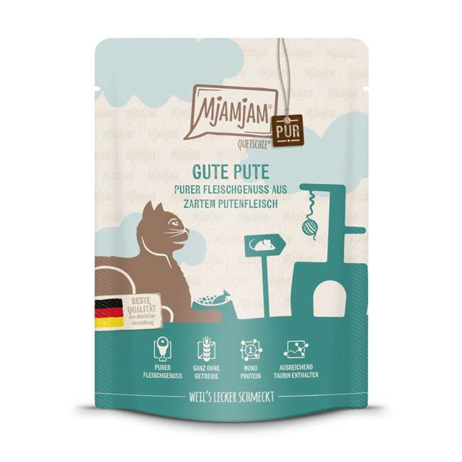 Artikel mit dem Namen MjAMjAM - Katze - Purer Fleischgenuss gute Pute im Shop von zoo.de , dem Onlineshop für nachhaltiges Hundefutter und Katzenfutter.