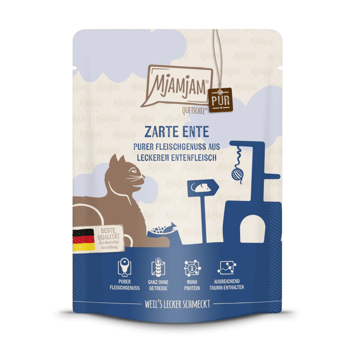 Artikel mit dem Namen MjAMjAM - Katze - purer Fleischgenuss - zarte Ente im Shop von zoo.de , dem Onlineshop für nachhaltiges Hundefutter und Katzenfutter.