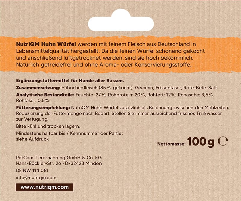 Artikel mit dem Namen NutriQM Hund Huhn Würfel im Shop von zoo.de , dem Onlineshop für nachhaltiges Hundefutter und Katzenfutter.