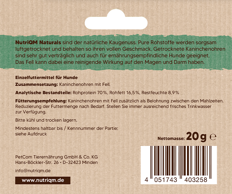 Artikel mit dem Namen NutriQM Hund Naturals Kaninchenohren im Shop von zoo.de , dem Onlineshop für nachhaltiges Hundefutter und Katzenfutter.