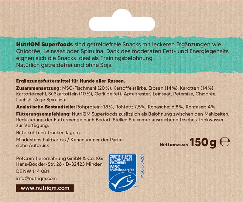 Artikel mit dem Namen NutriQM Hund Superfoods Spirulina & Lachsöl im Shop von zoo.de , dem Onlineshop für nachhaltiges Hundefutter und Katzenfutter.