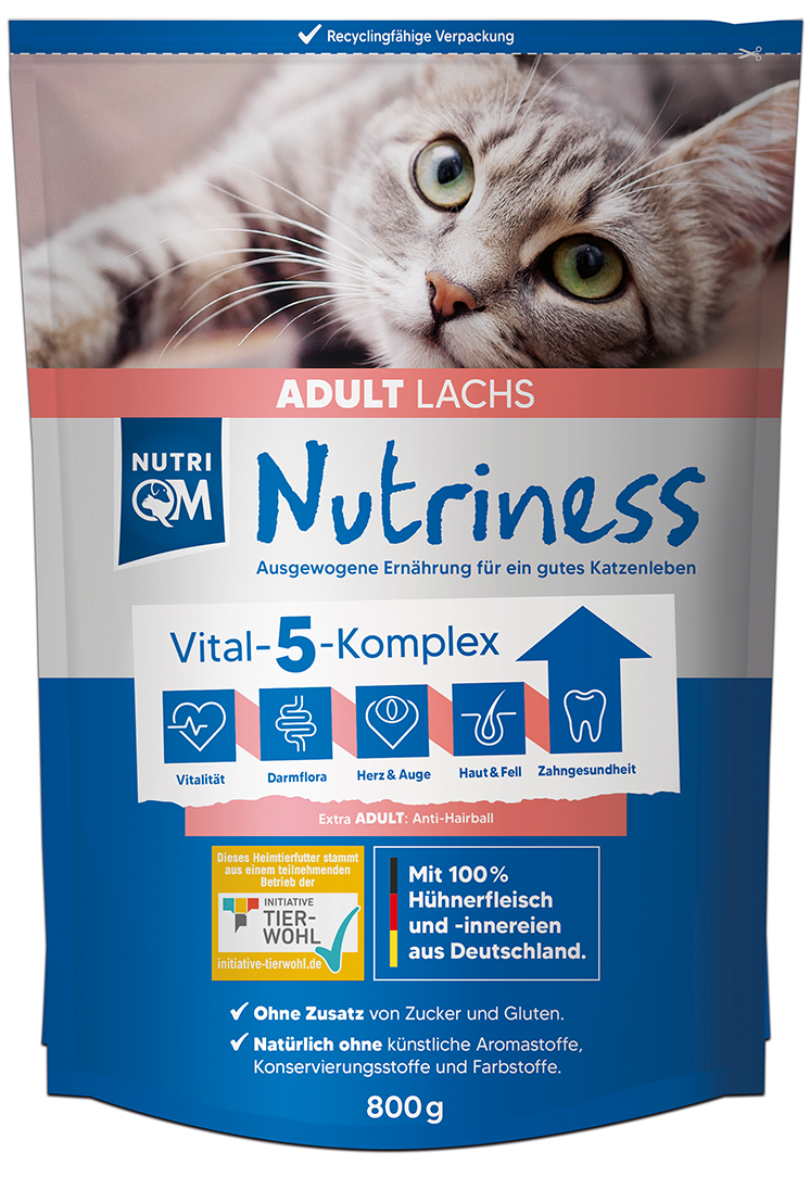 Artikel mit dem Namen NutriQM Katze Nutriness Lachs im Shop von zoo.de , dem Onlineshop für nachhaltiges Hundefutter und Katzenfutter.