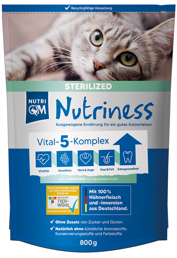 Artikel mit dem Namen NutriQM Katze Nutriness Sterilized im Shop von zoo.de , dem Onlineshop für nachhaltiges Hundefutter und Katzenfutter.