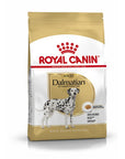 Royal Canin Dalmatian Adult dry dog food bag highlighting urinary, skin, and cardiac health benefits
