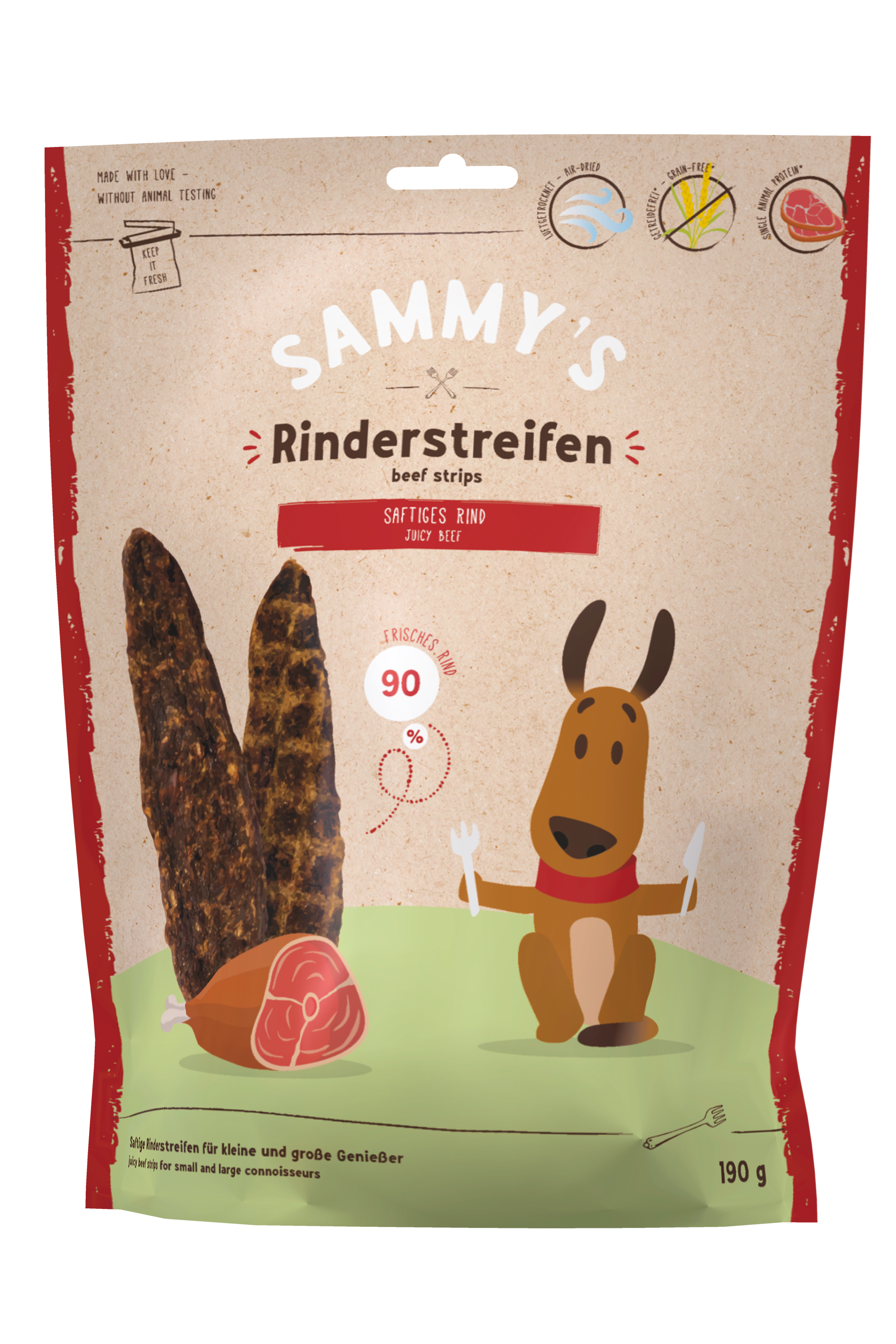 Artikel mit dem Namen Sammy's Rinderstreifen im Shop von zoo.de , dem Onlineshop für nachhaltiges Hundefutter und Katzenfutter.