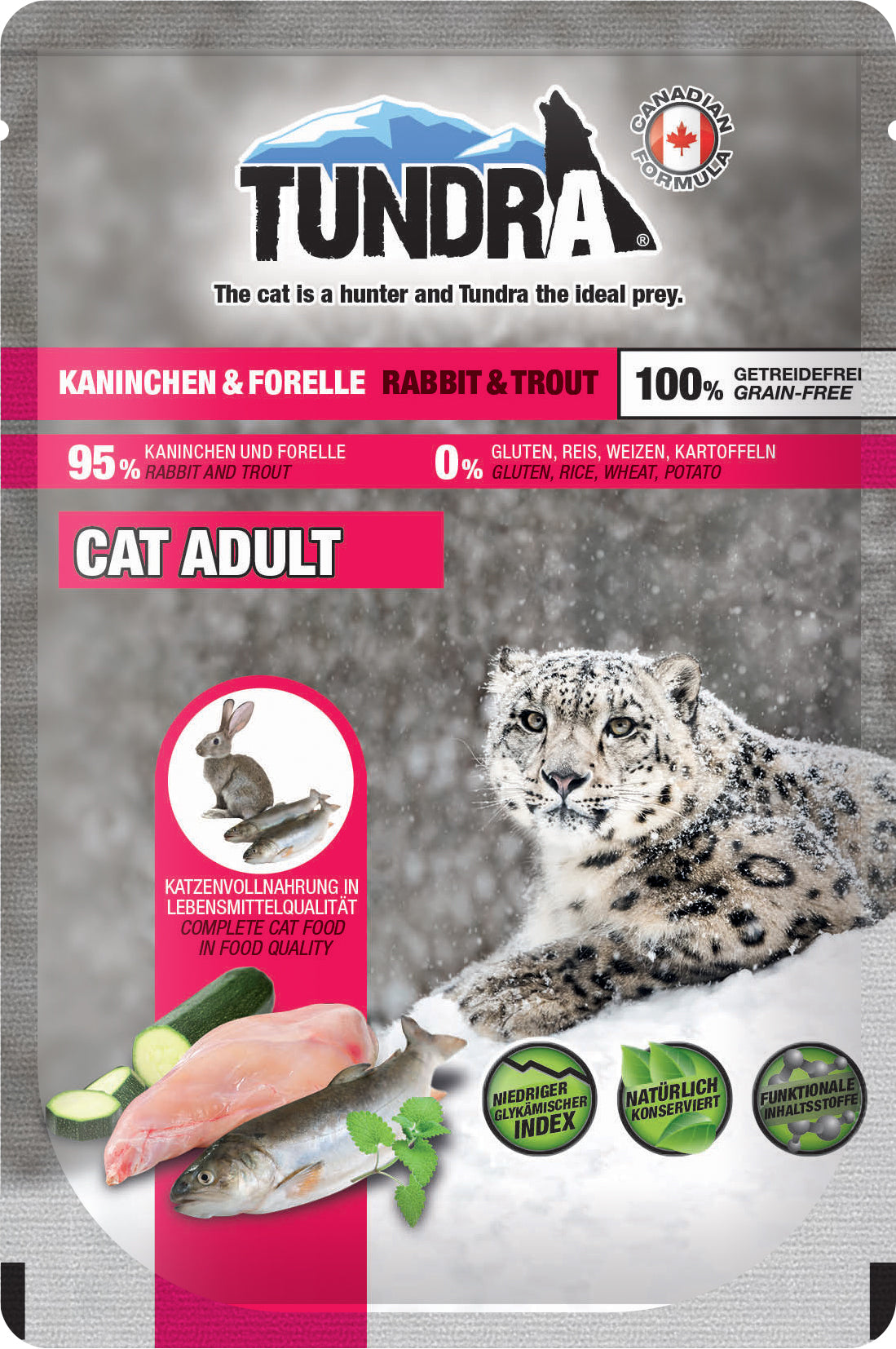 Artikel mit dem Namen Tundra Katze Pouch Kaninchen &amp; Forelle im Shop von zoo.de , dem Onlineshop für nachhaltiges Hundefutter und Katzenfutter.