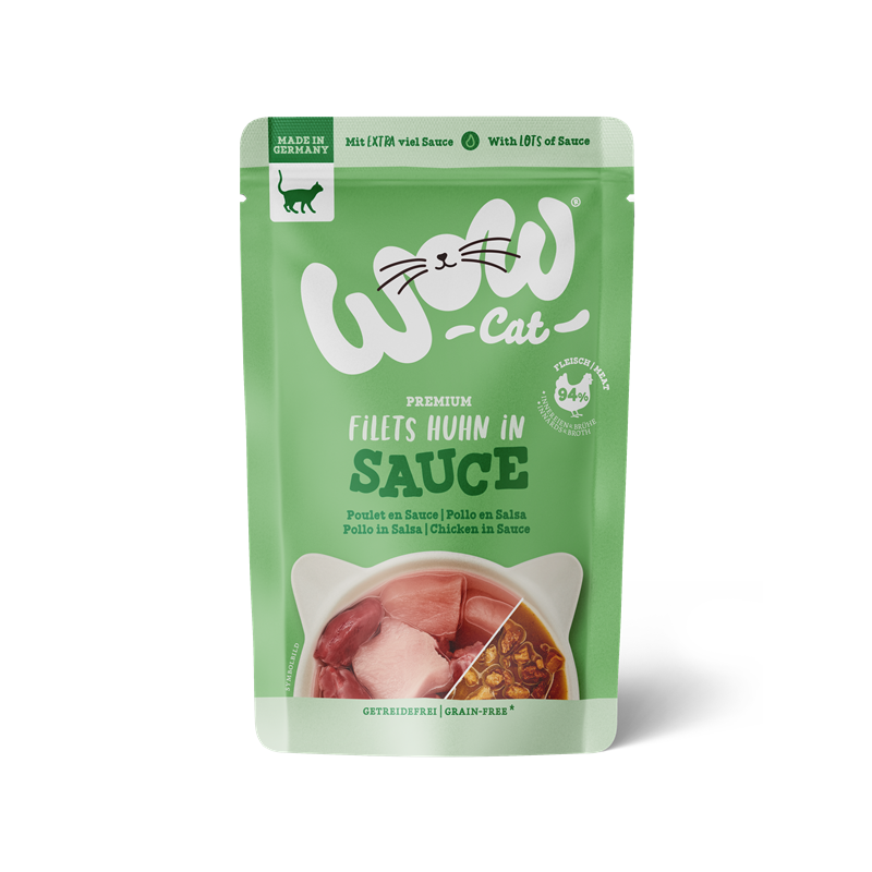 Artikel mit dem Namen WOW CAT Huhn in Sauce im Shop von zoo.de , dem Onlineshop für nachhaltiges Hundefutter und Katzenfutter.