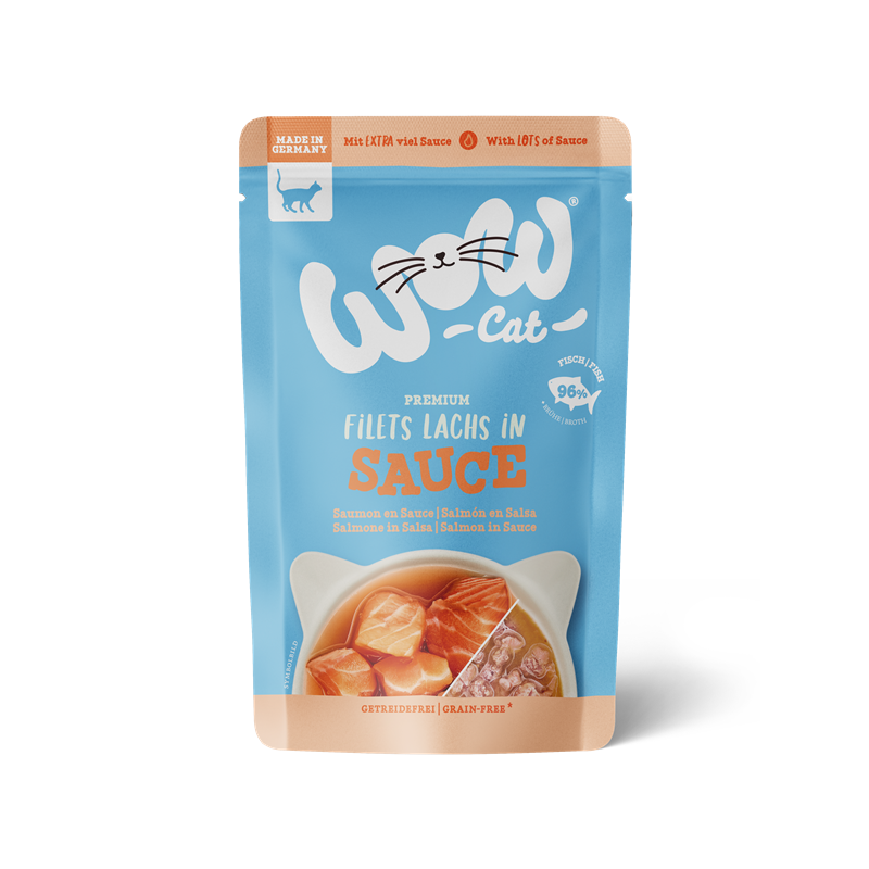 Artikel mit dem Namen WOW CAT Lachs in Sauce im Shop von zoo.de , dem Onlineshop für nachhaltiges Hundefutter und Katzenfutter.