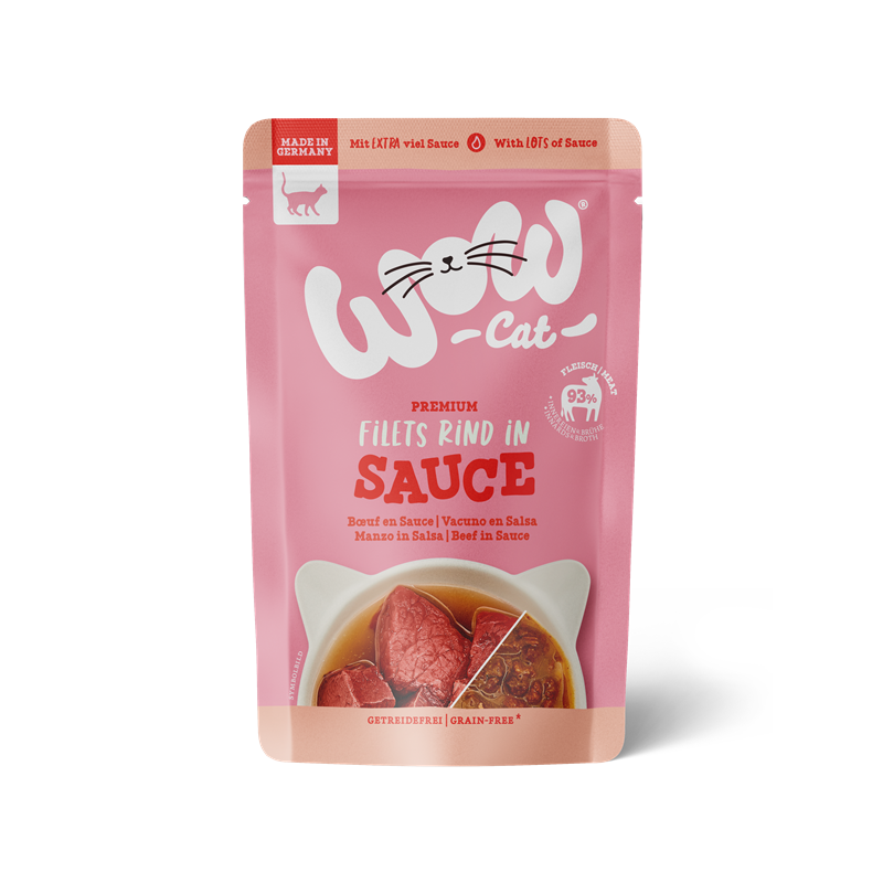 Artikel mit dem Namen WOW CAT Rind in Sauce im Shop von zoo.de , dem Onlineshop für nachhaltiges Hundefutter und Katzenfutter.