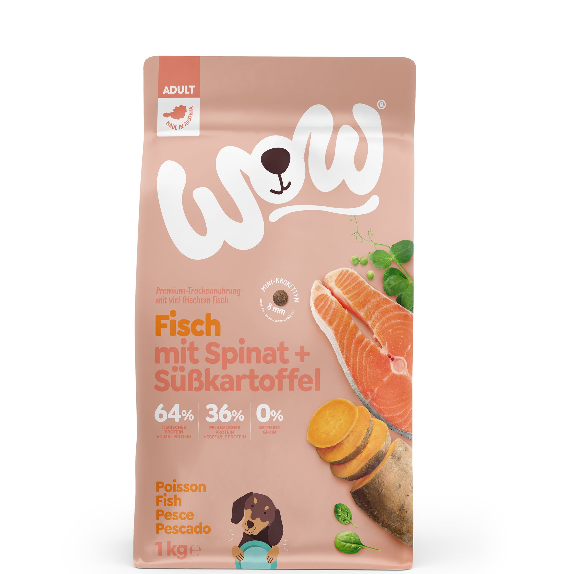 Artikel mit dem Namen WOW Fisch mit Spinat und Süßkartoffel im Shop von zoo.de , dem Onlineshop für nachhaltiges Hundefutter und Katzenfutter.