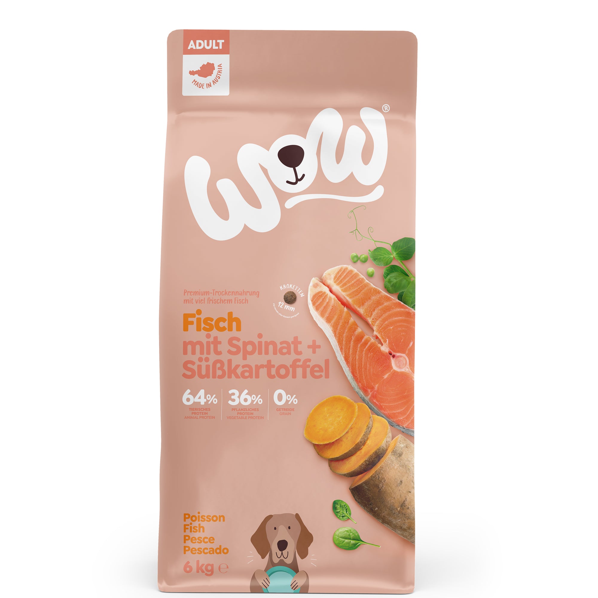 Artikel mit dem Namen WOW Fisch mit Spinat und Süßkartoffel im Shop von zoo.de , dem Onlineshop für nachhaltiges Hundefutter und Katzenfutter.