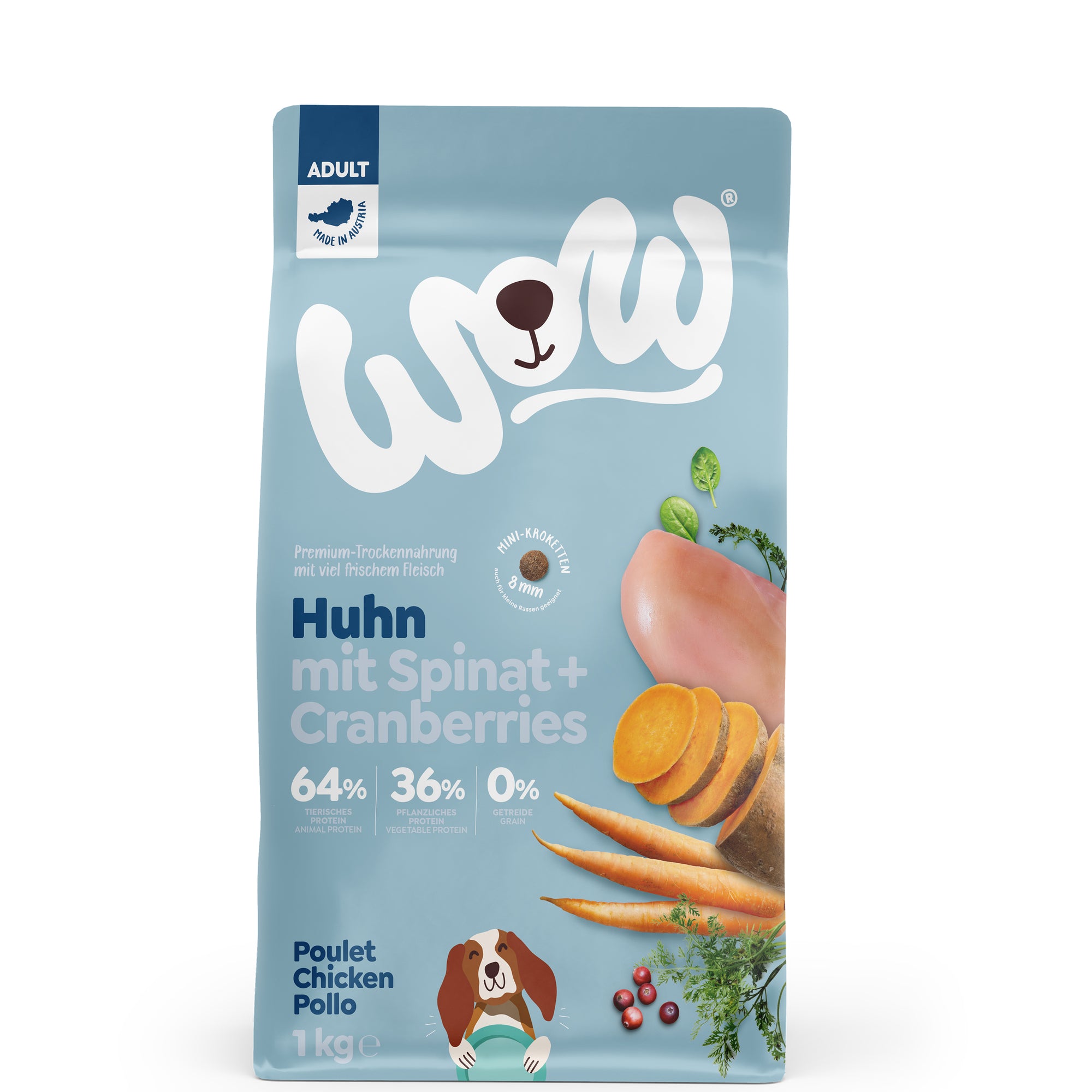 Artikel mit dem Namen WOW Huhn mit Spinat und Cranberries im Shop von zoo.de , dem Onlineshop für nachhaltiges Hundefutter und Katzenfutter.