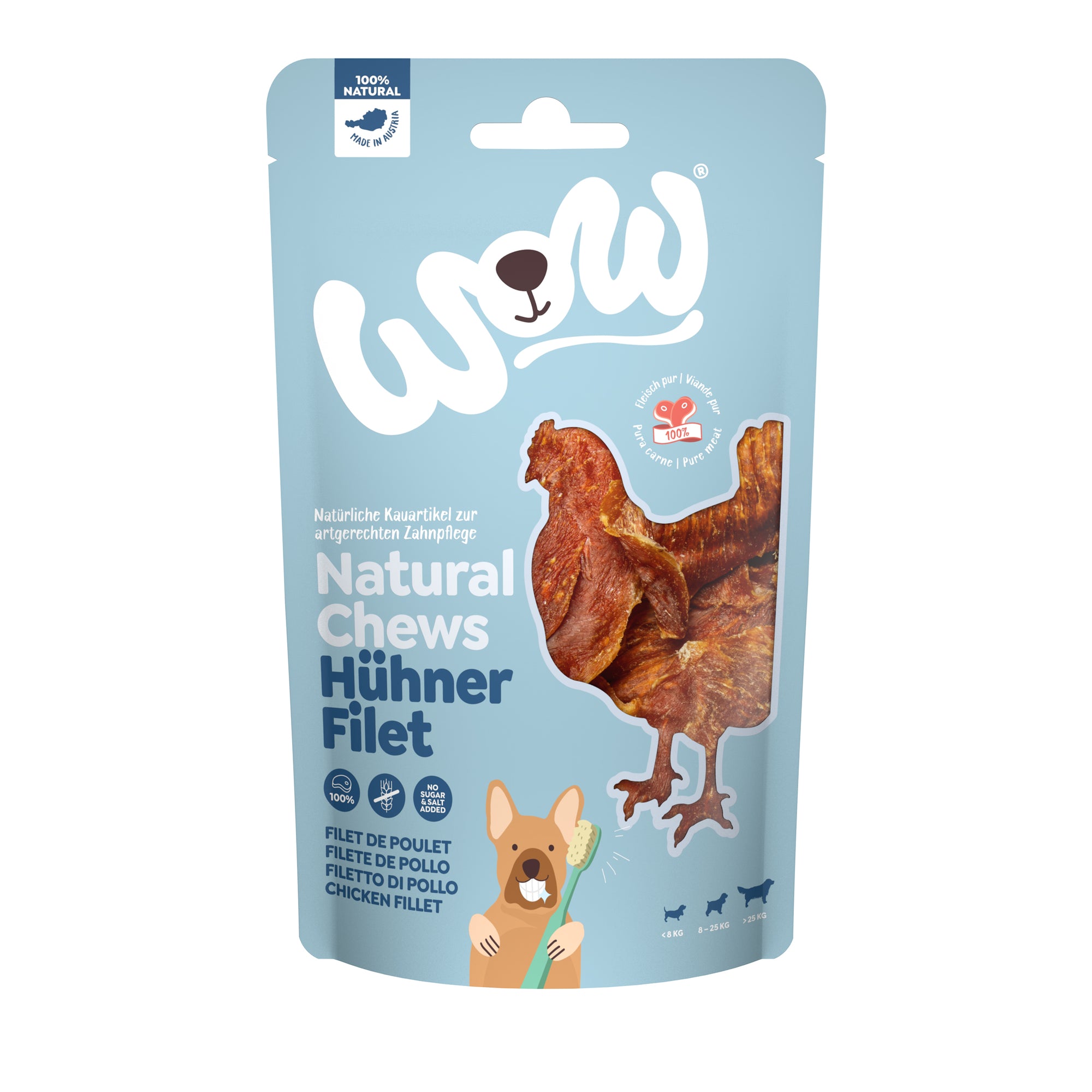 Artikel mit dem Namen WOW Hühnerfilet getrocknet im Shop von zoo.de , dem Onlineshop für nachhaltiges Hundefutter und Katzenfutter.