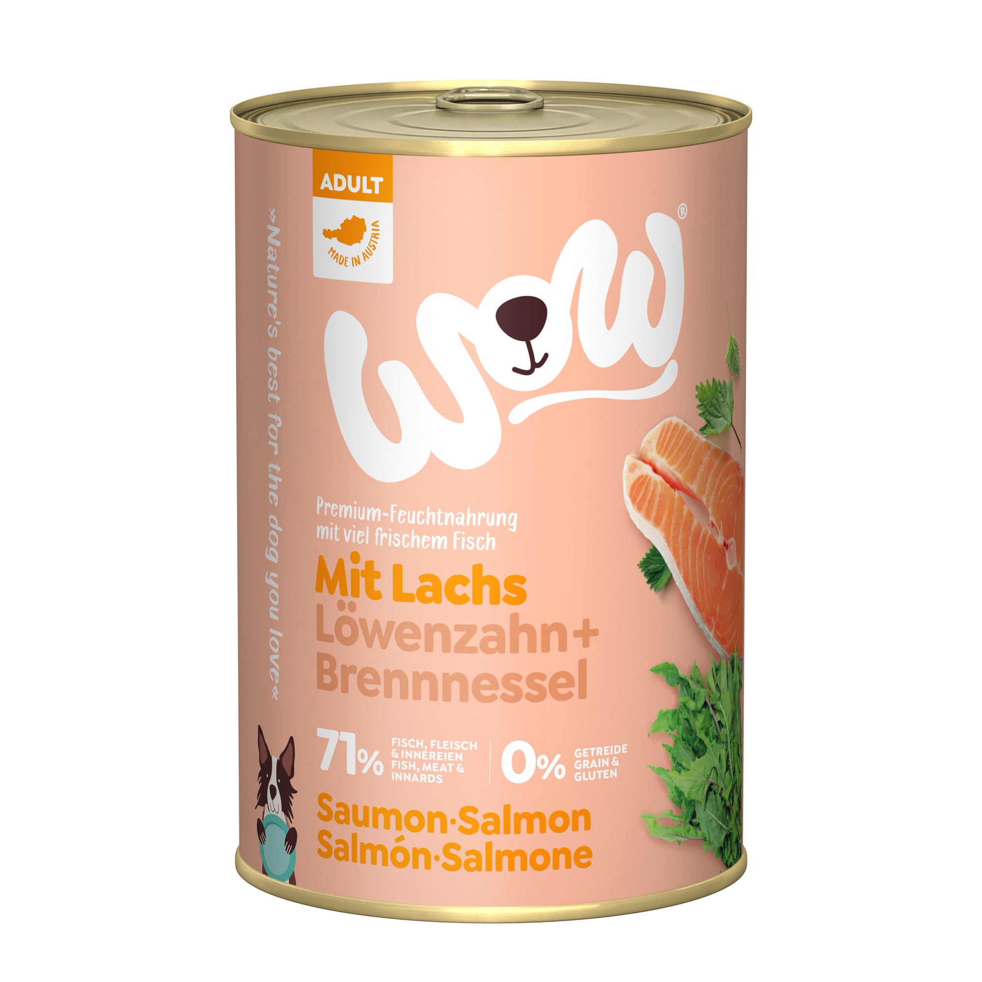 Artikel mit dem Namen WOW Lachs mit Löwenzahn und Brennnessel im Shop von zoo.de , dem Onlineshop für nachhaltiges Hundefutter und Katzenfutter.