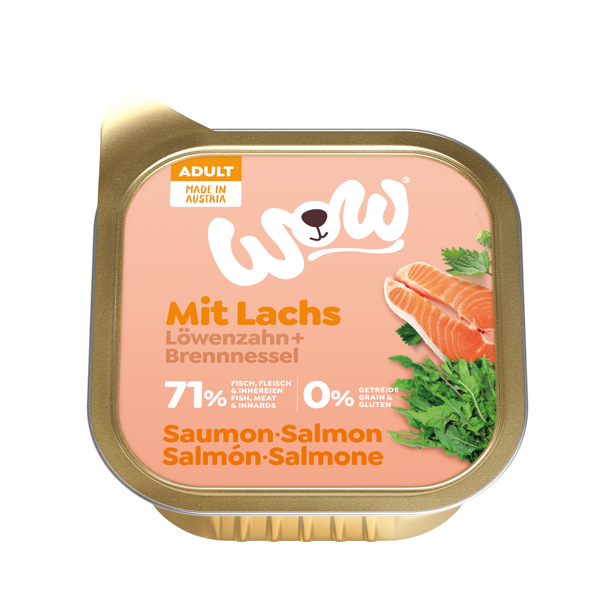 Artikel mit dem Namen WOW Lachs mit Löwenzahn und Brennnessel im Shop von zoo.de , dem Onlineshop für nachhaltiges Hundefutter und Katzenfutter.