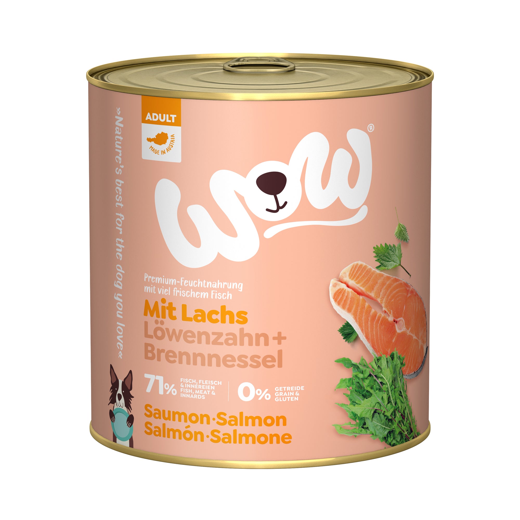 Artikel mit dem Namen WOW Lachs mit Löwenzahn und Brennnessel im Shop von zoo.de , dem Onlineshop für nachhaltiges Hundefutter und Katzenfutter.