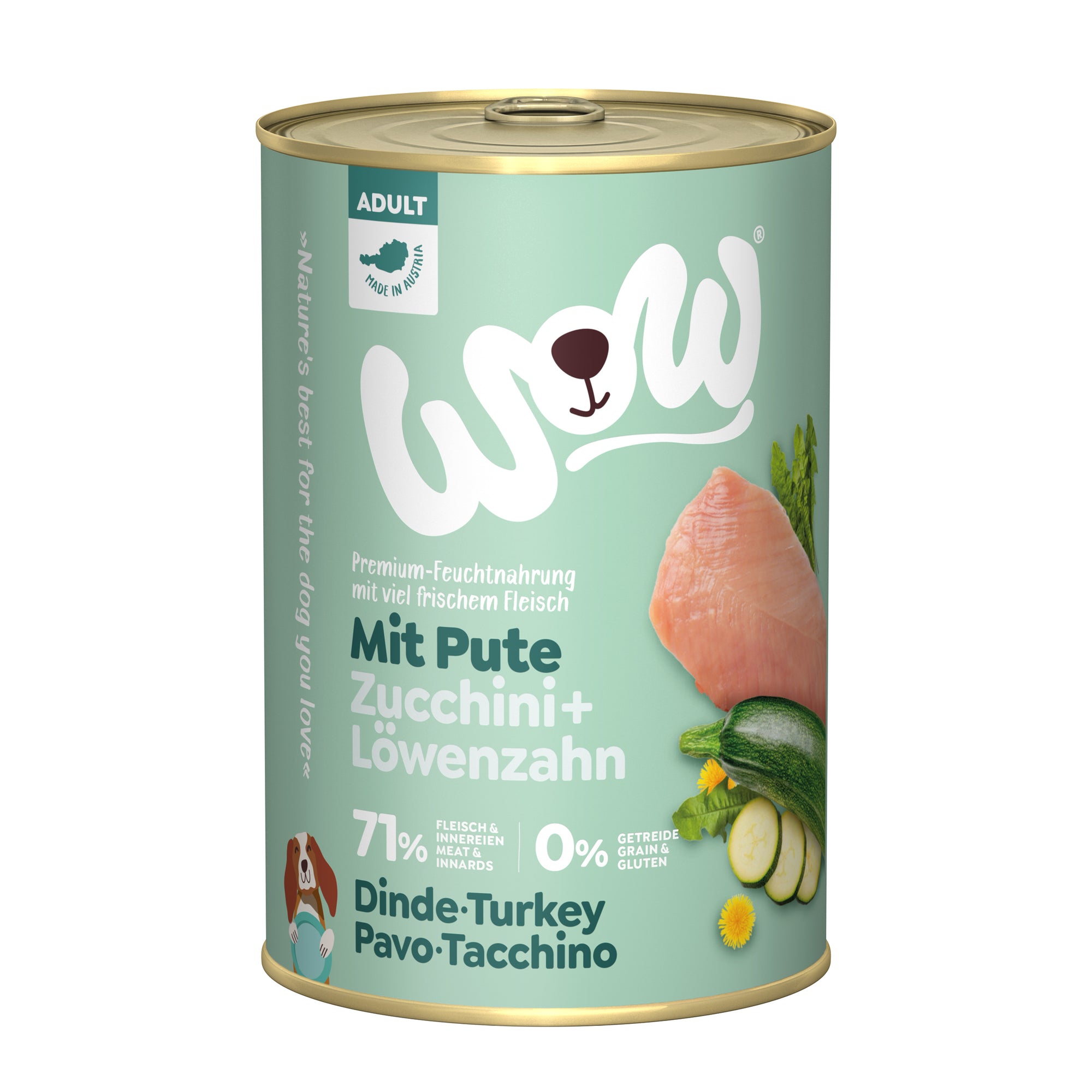 Artikel mit dem Namen WOW Pute mit Zucchini und Löwenzahn im Shop von zoo.de , dem Onlineshop für nachhaltiges Hundefutter und Katzenfutter.