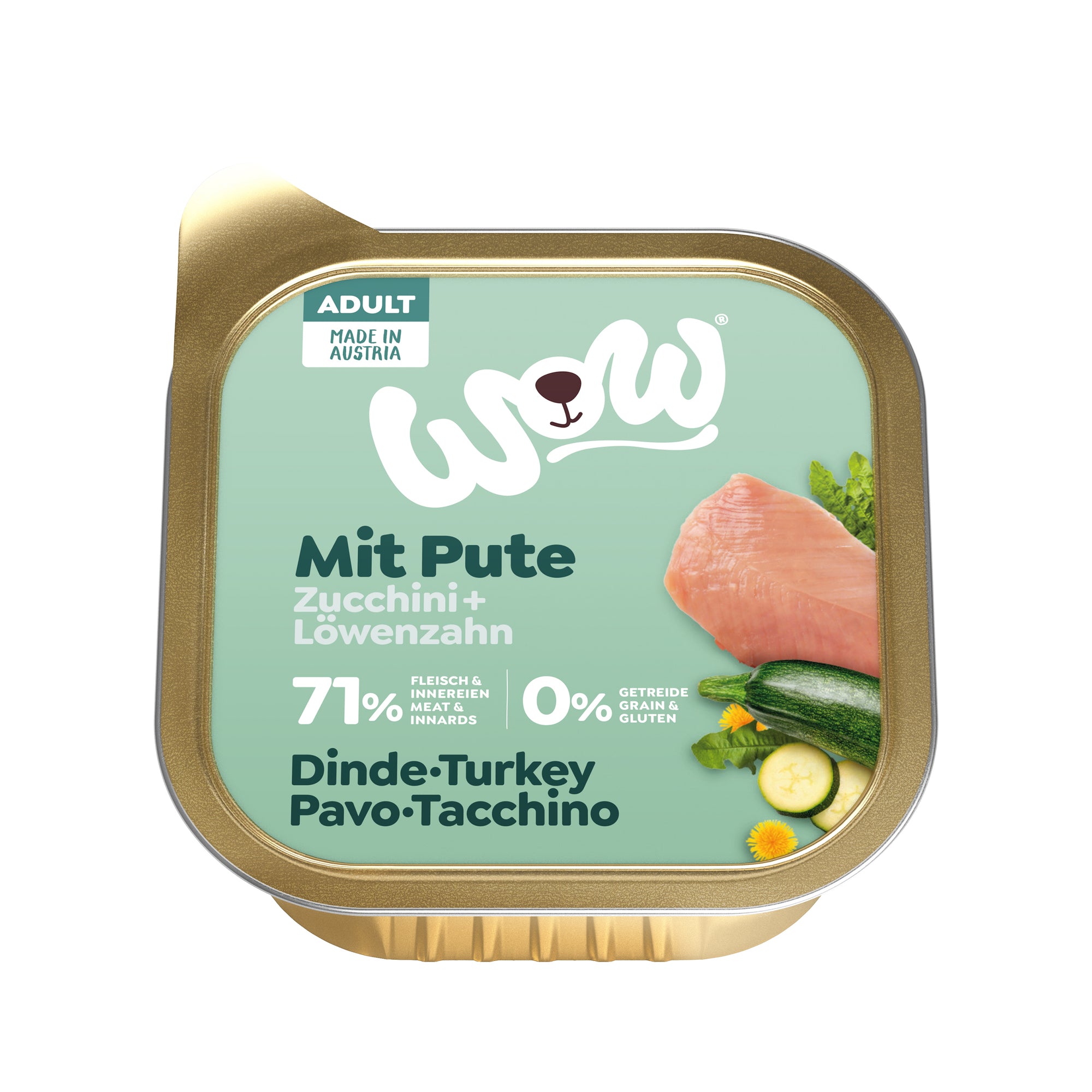 Artikel mit dem Namen WOW Pute mit Zucchini und Löwenzahn im Shop von zoo.de , dem Onlineshop für nachhaltiges Hundefutter und Katzenfutter.