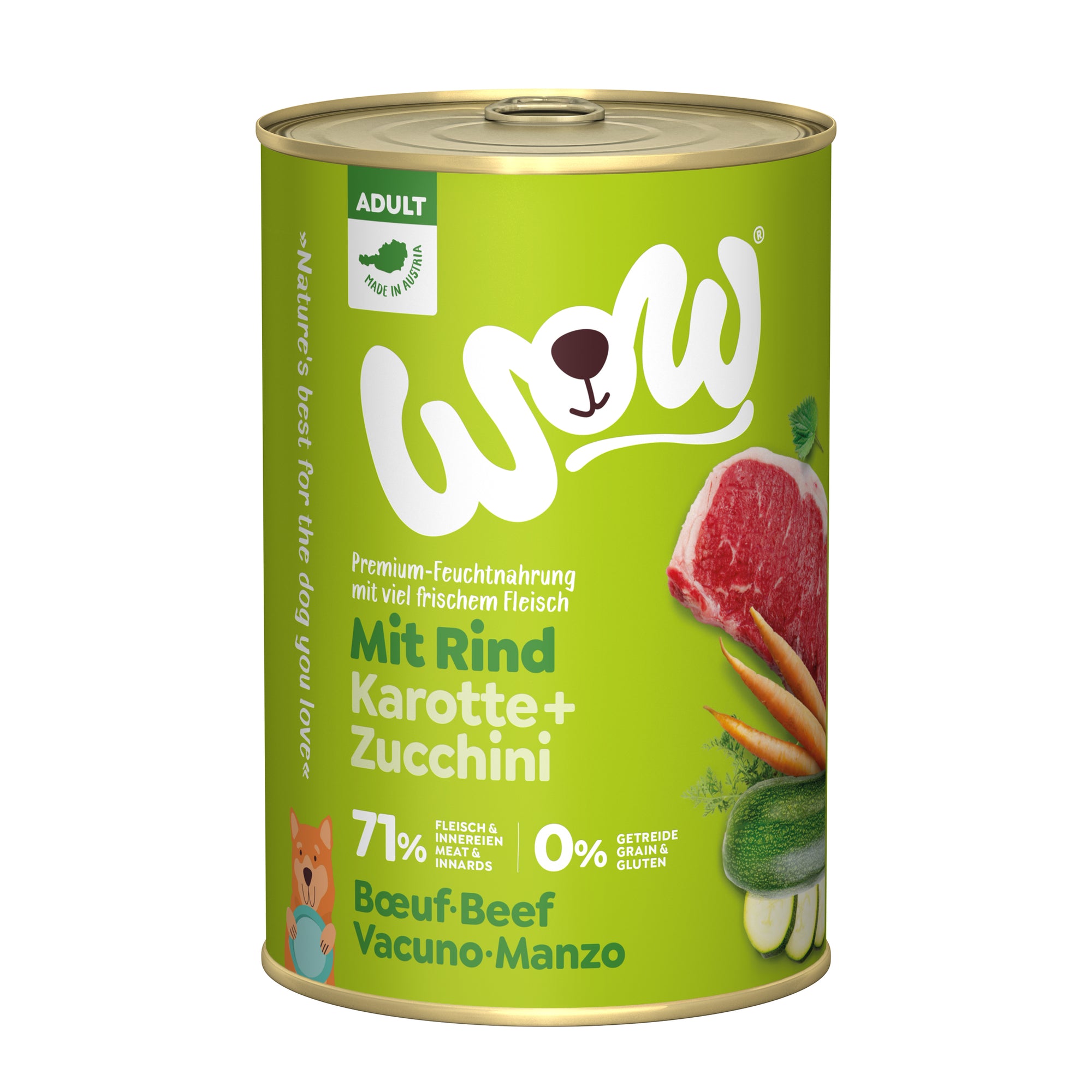 Artikel mit dem Namen WOW Rind mit Karotte und Zucchini im Shop von zoo.de , dem Onlineshop für nachhaltiges Hundefutter und Katzenfutter.