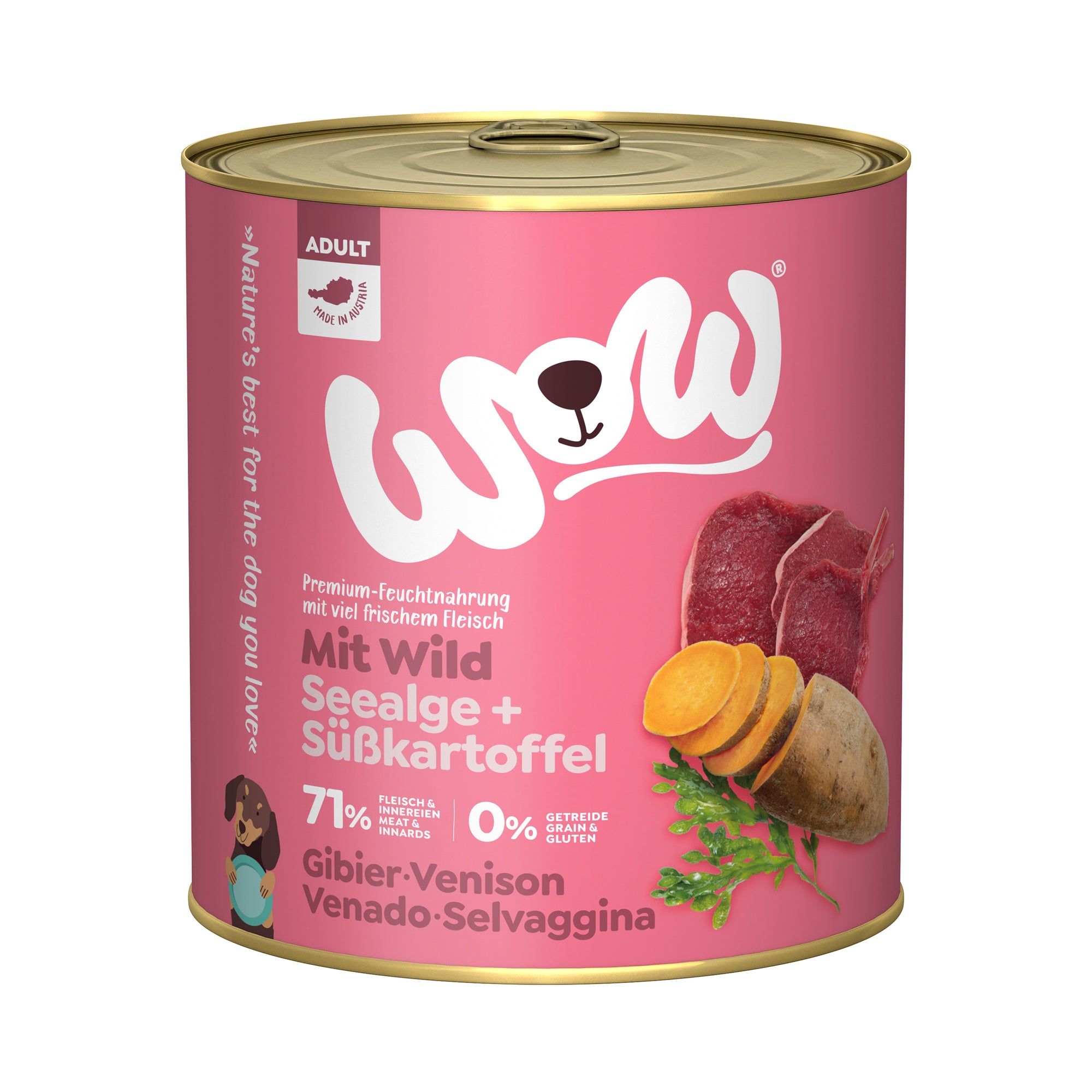 Artikel mit dem Namen WOW Wild mit Seealge und Süßkartoffel im Shop von zoo.de , dem Onlineshop für nachhaltiges Hundefutter und Katzenfutter.