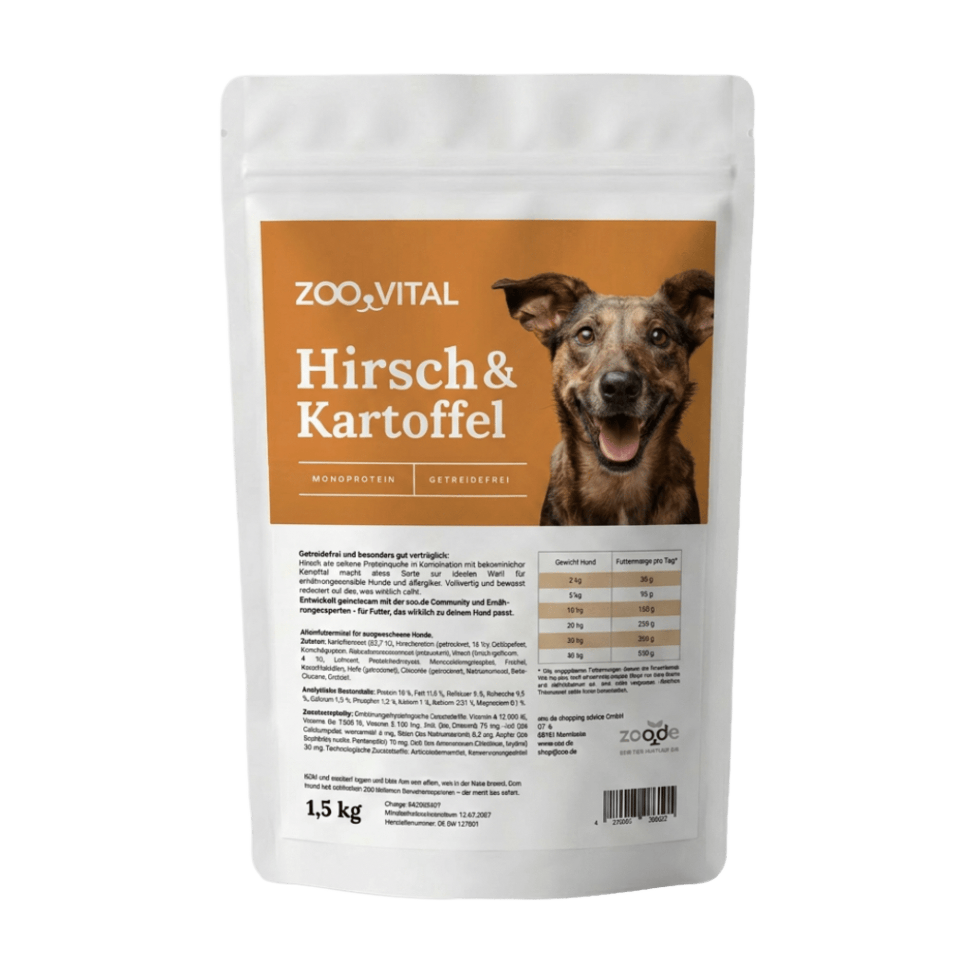 Front view of 1.5kg zooVITAL grain-free venison potato dog food pouch