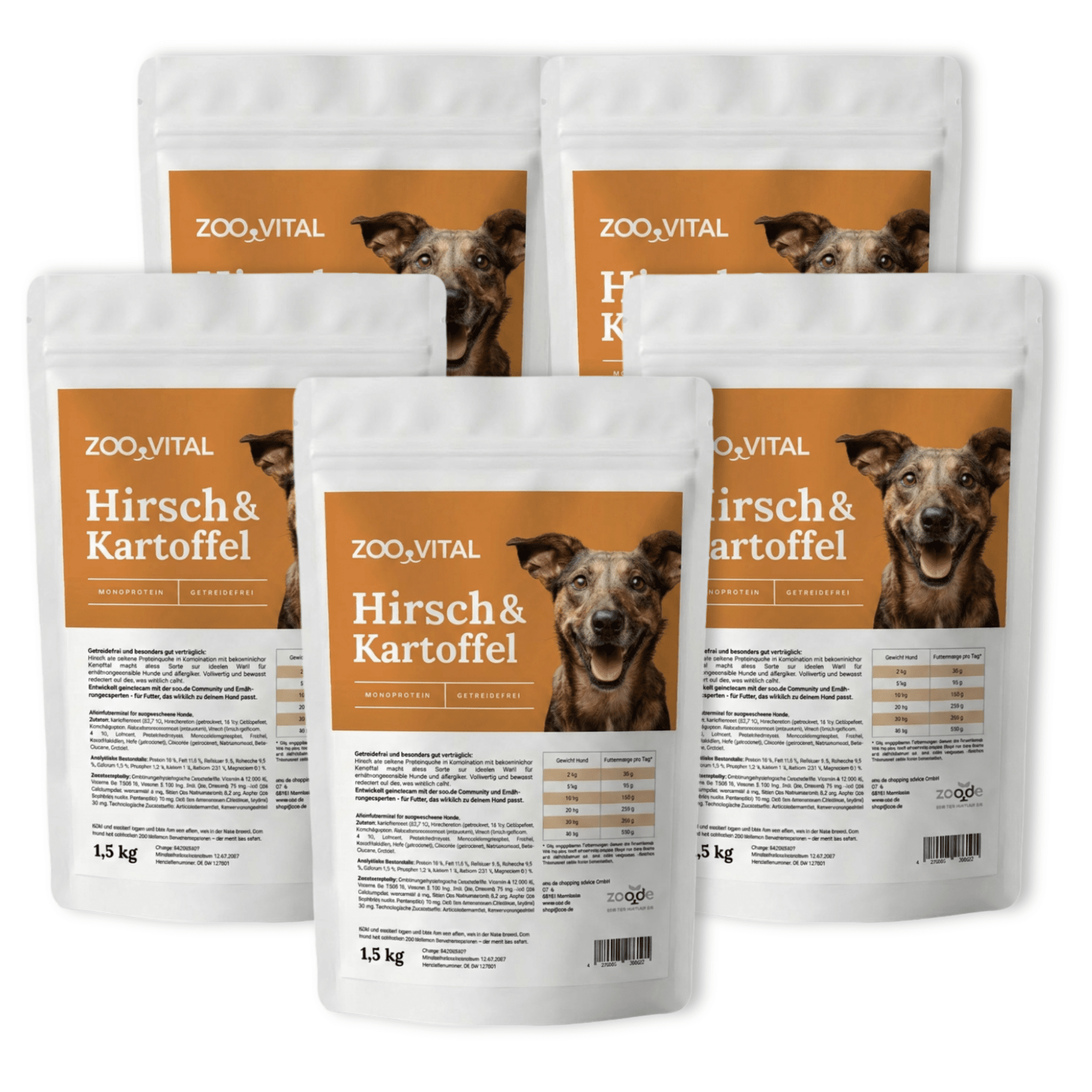 Three 1.5kg zooVITAL venison potato dog food pouches with nutritional label